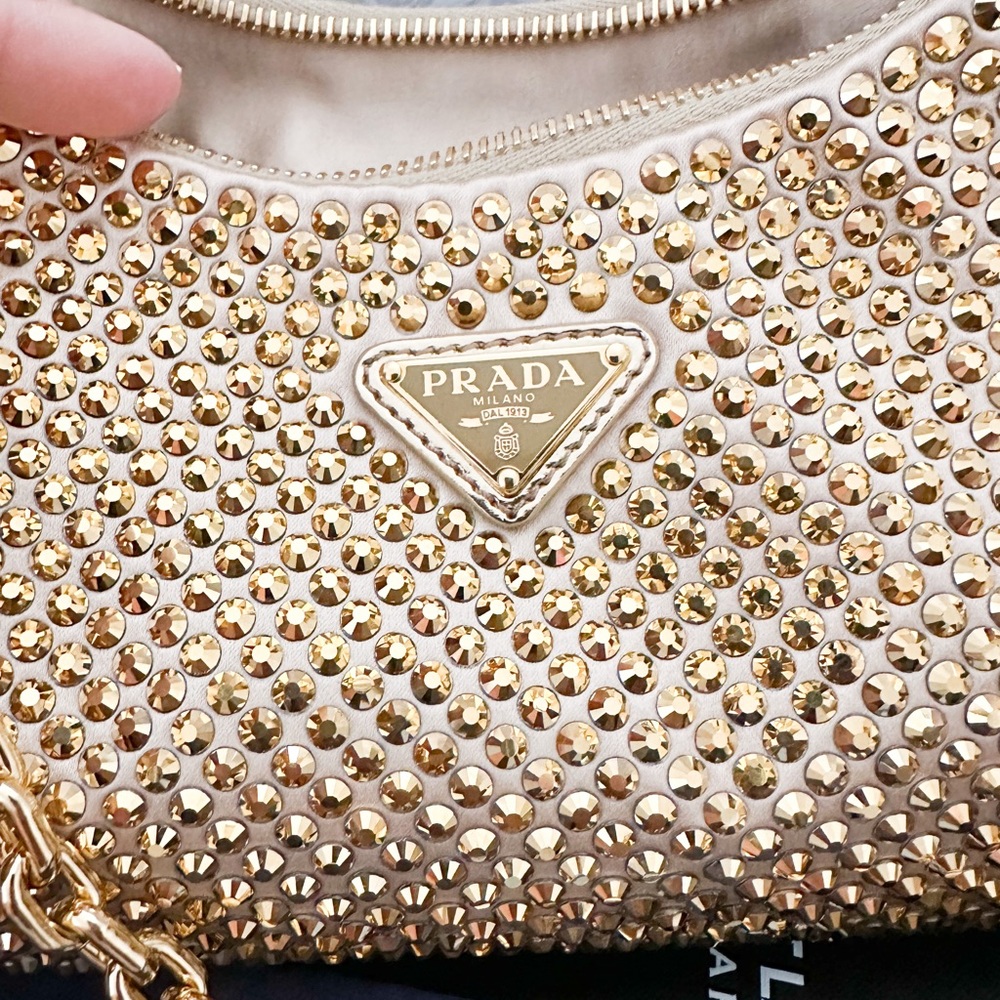 In Stores! Prada Crystal Embellished Metallic Re-Edition 2005 Gold Shoulder Bag - Picture 7 of 16